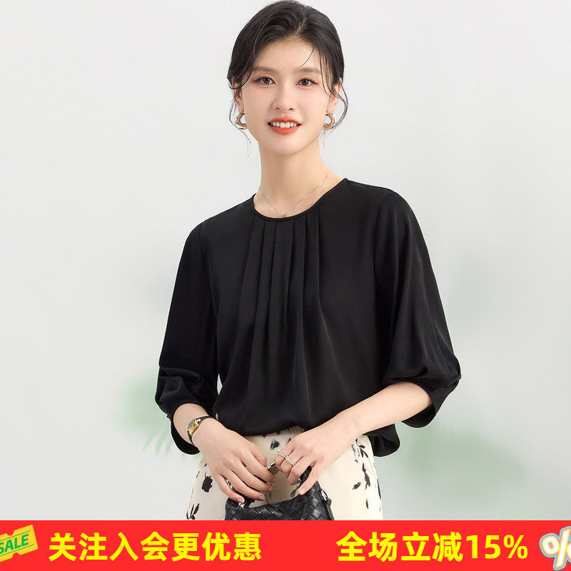 【桑蚕丝压褶设计】纯色圆领五分袖基础百搭春夏新款宽松女式T恤