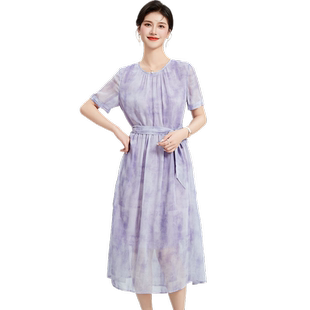 【真丝乔其】圆领印染短袖夏季100%桑蚕丝中长款气质连衣裙