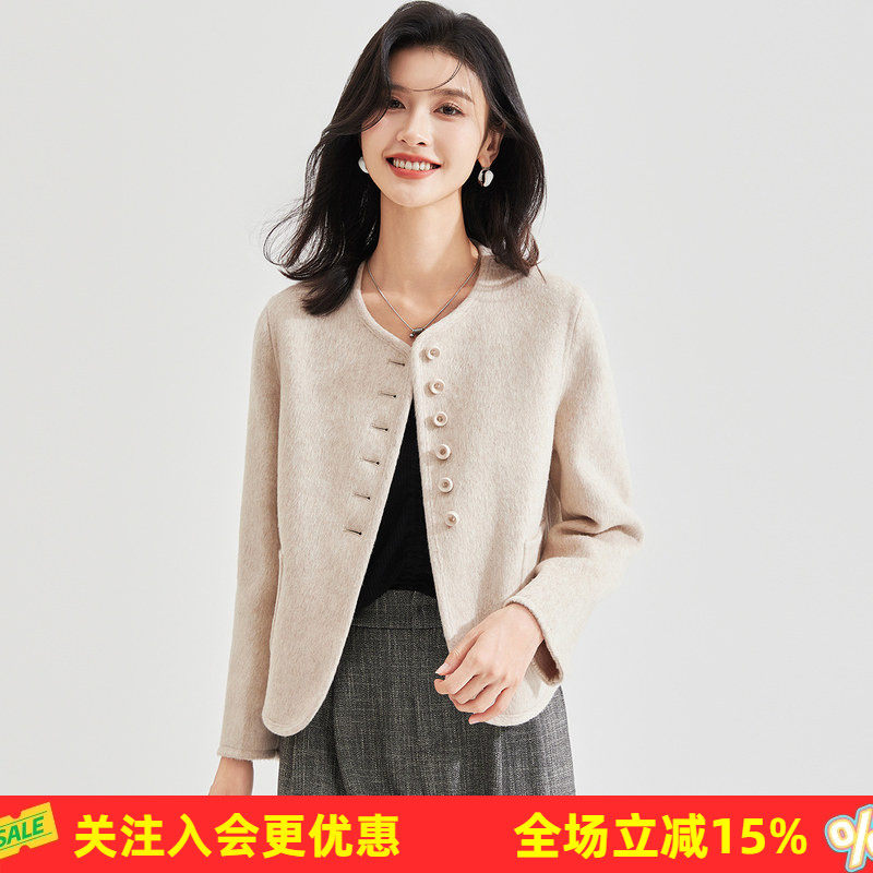 金菊名媛小香风羊毛大衣短款2026春款圆领双面绒小个子外套女