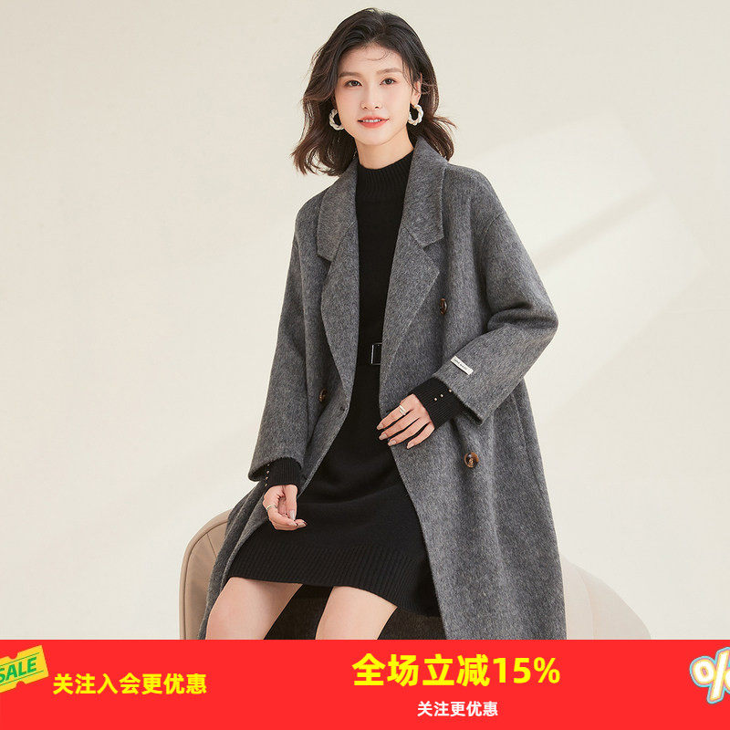 金菊绵羊毛冬季新款挺括有型西装领双面呢手工外套纯色女式大衣