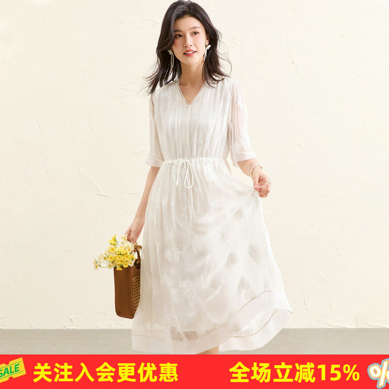 【真丝顺纡绣花】26年夏季桑蚕丝纯色五分袖宽松休闲女式连衣裙