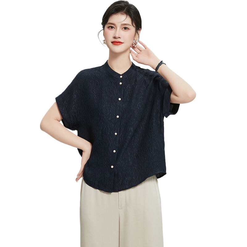 冠乐绉T恤夏季桑蚕丝100%真丝上衣圆领连肩袖短袖女式衬衫