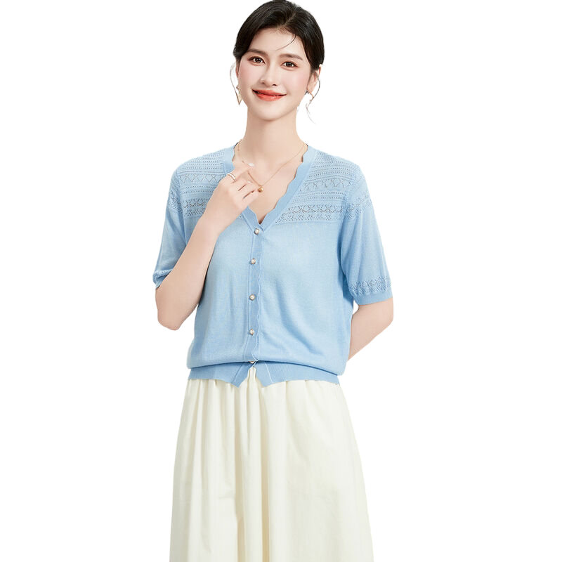 【含羊毛纯色上衣】春夏V领五分袖开衫舒适透气外套女式针织衫