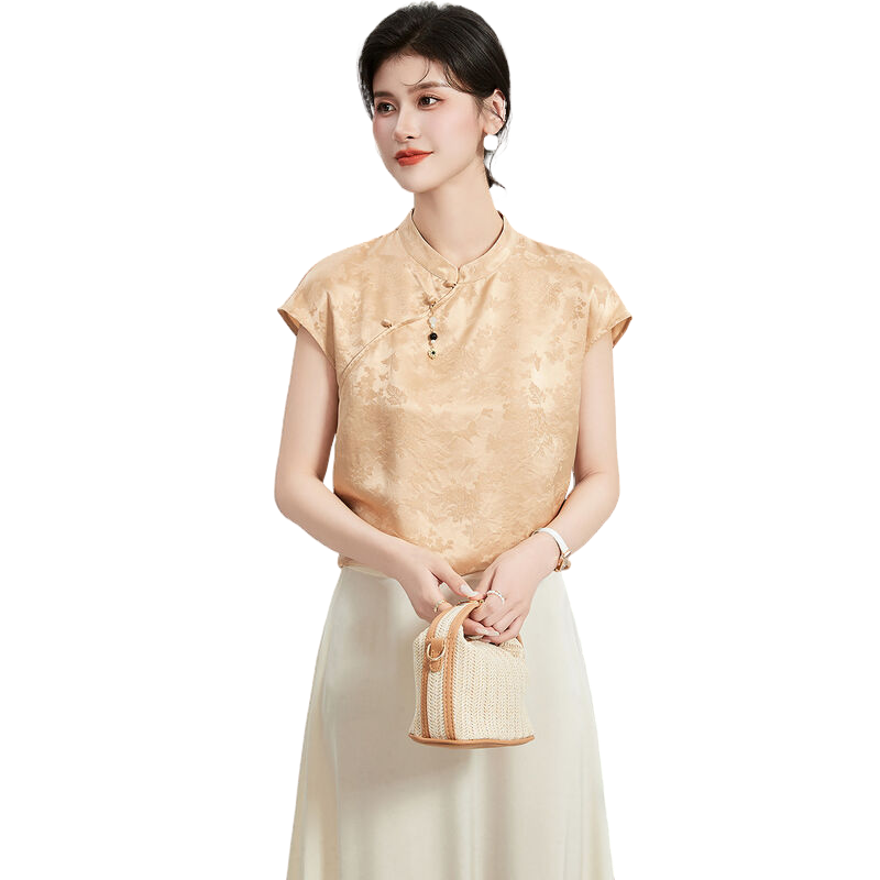 【100%桑蚕丝真丝提花】夏季立领短袖女式T恤立领吊坠装饰