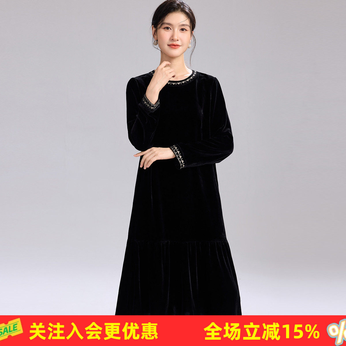 金菊【绣花丝绒裙】春季新款几何钉珠领口袖口复古精致女式连衣裙