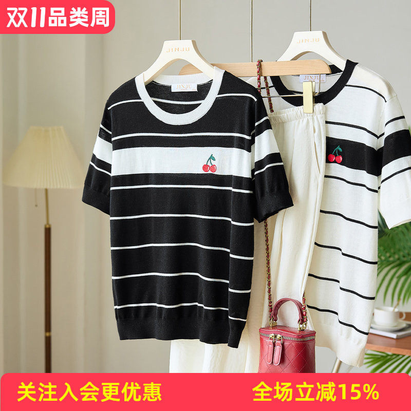 金菊2026新款夏季圆领条纹拼色【樱桃刺绣】短袖针织衫T恤上衣女