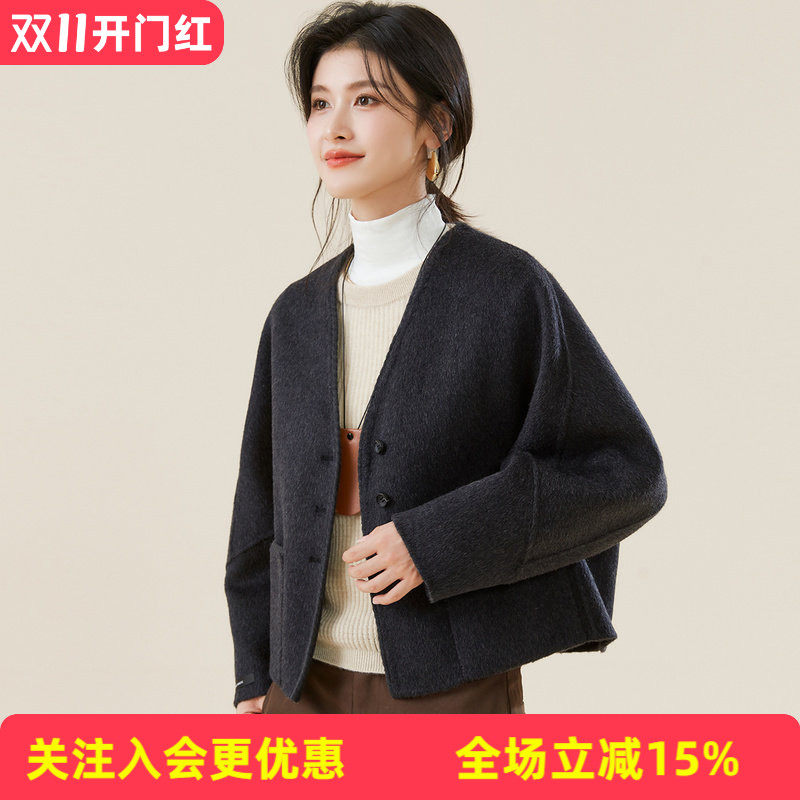 金菊秋冬新款高端气质双面羊毛呢短款外套女包边扭花设计韩系大衣