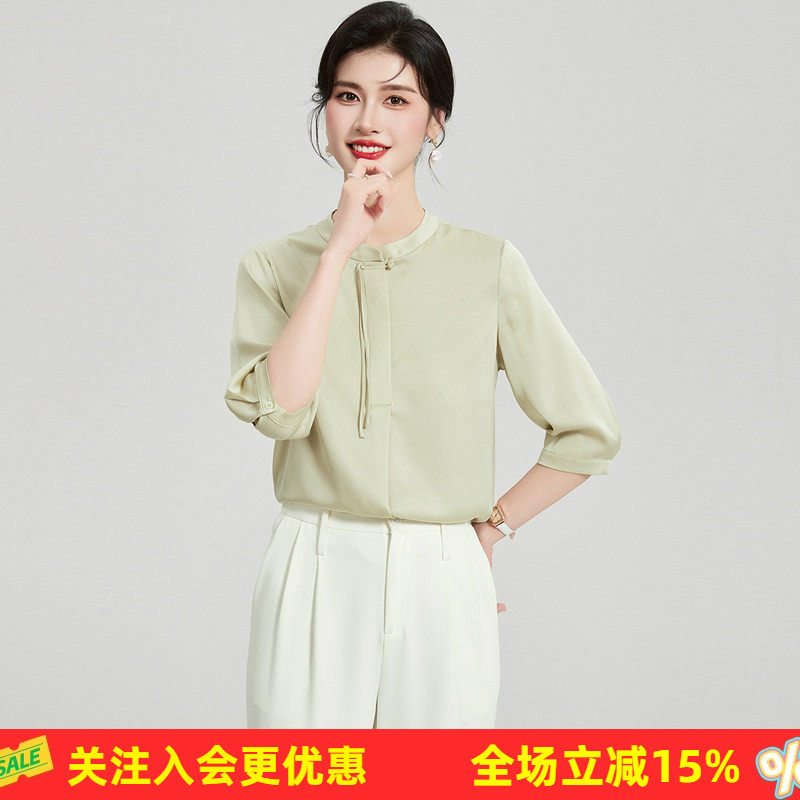 【桑蚕丝纯色】新中式夏季立领七分袖一字盘扣女式T恤宽松