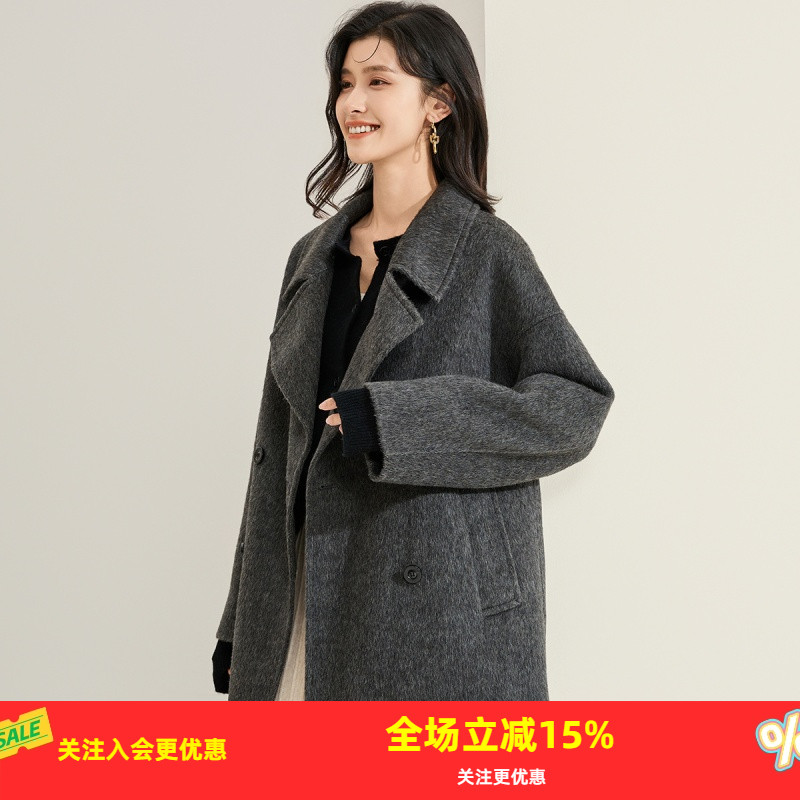 金菊秋冬新款双面呢骆驼绒羊毛大衣女中长款高级感牛角扣韩版外套