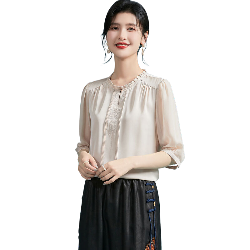 金菊桑蚕丝T恤夏季时尚舒适透气薄款圆领五分袖通勤百搭女式衬衫