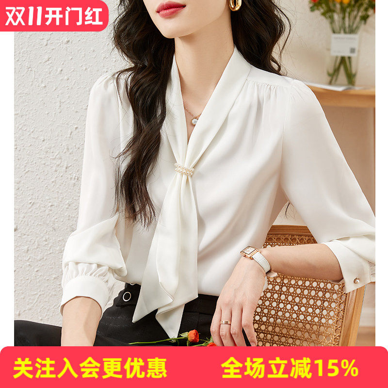 金菊早秋氛围感缎面衬衫女珍珠扣蝴蝶结飘带V领优雅通勤长袖小衫