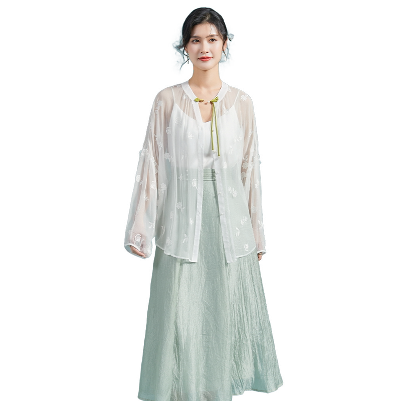 金菊新中式真丝防晒外套刺绣春季新款100%桑蚕丝纯色女式衬衫