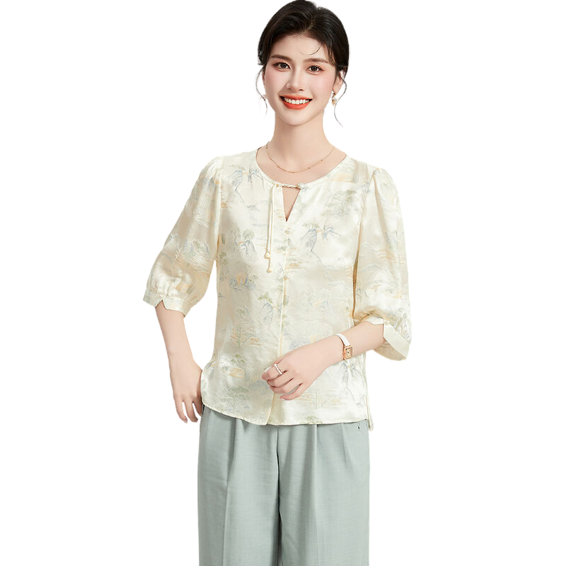 【提花桑波缎】桑蚕丝100%真丝夏季圆领五分袖花卉女式T恤