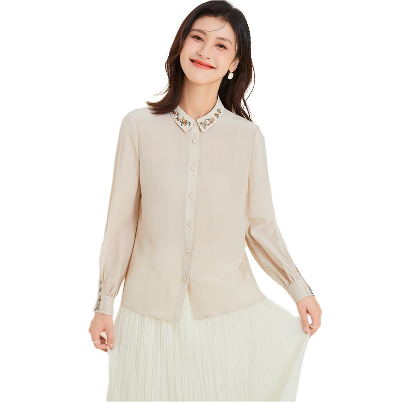 金菊100%真丝春季新款花边翻领绣花长袖上衣重磅桑蚕丝女式衬衫