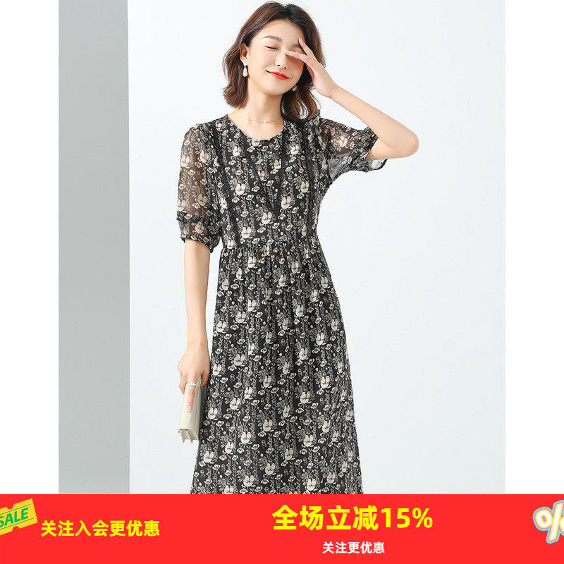 金菊真丝100%圆领短袖印花拼接蕾丝褶皱泡泡袖桑蚕丝女式连衣裙