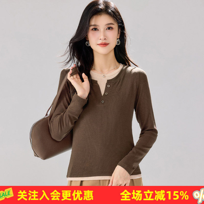 金菊含羊毛2026年春秋新款假两件女式针织衫个性时髦套头上衣