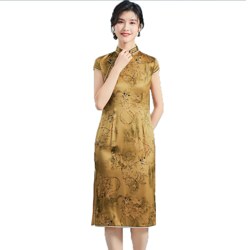 国风桑蚕丝【新中式】立领短袖高级感夏季开叉旗袍印花女式连衣裙
