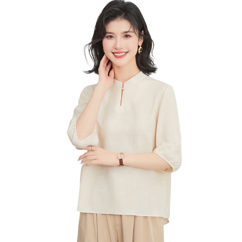 【100%桑蚕丝真丝改良新中式】夏季立领纽扣纯色干练女式T恤