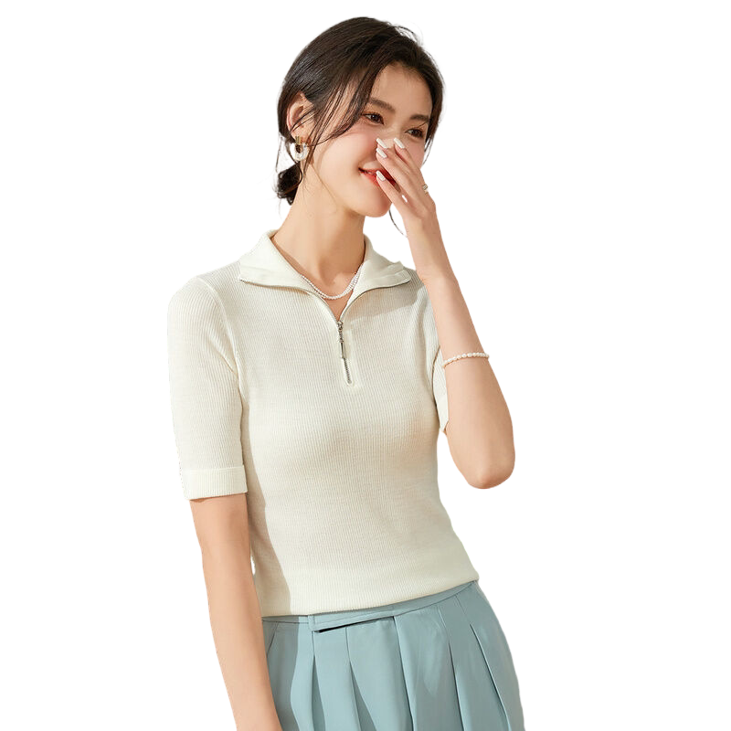 金菊春夏季新款拉链立领两穿含羊毛上衣纯色五分袖百搭女式针织衫