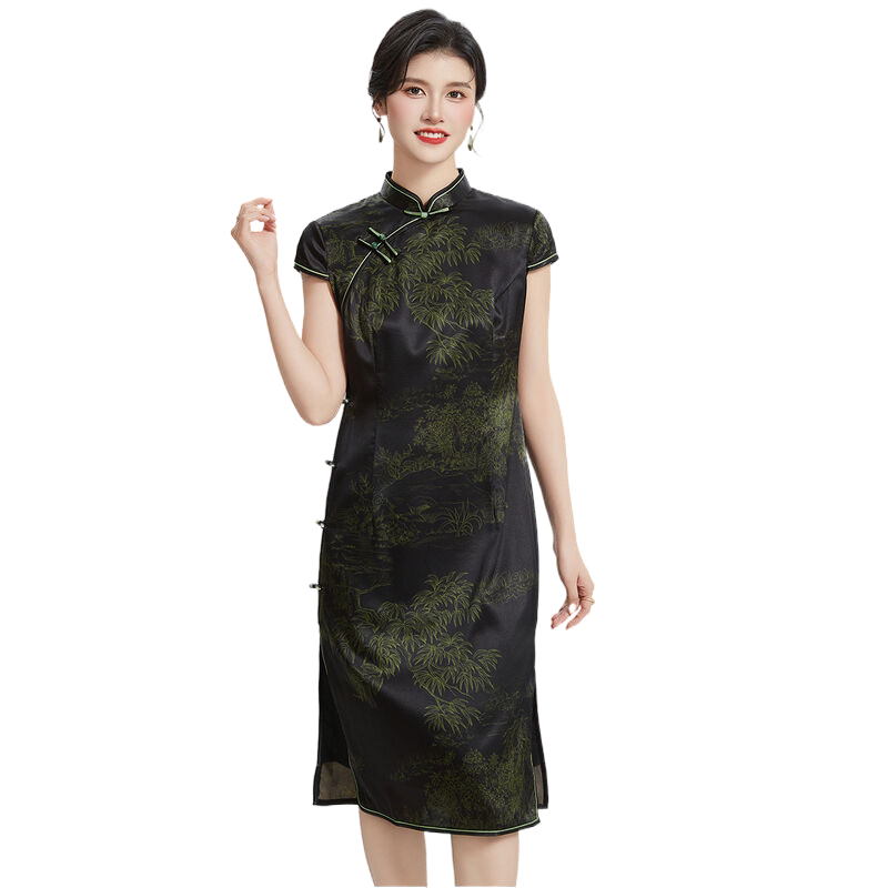新中式国风桑蚕丝旗袍夏季立领包袖舒适透气女式连衣裙中长款