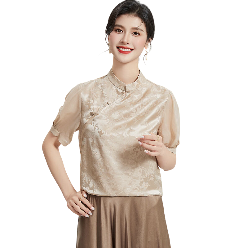 真丝桑蚕丝提花上衣夏季纯色立领短袖舒适透气斜门襟纽扣设计T恤