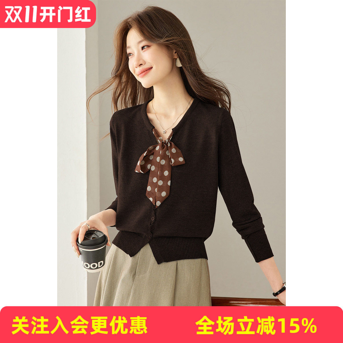 金菊美拉德复古v领波点丝巾蝴蝶结短款温柔外搭上衣女式针织开衫