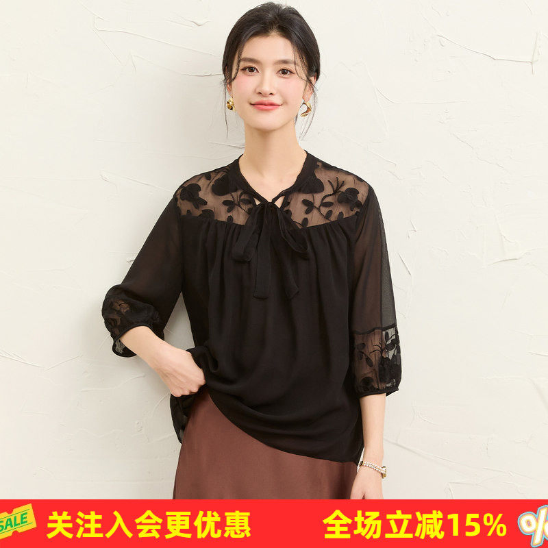 金菊乔其+顺纡绣花100%桑蚕丝套头上衣肩部袖口蕾丝透视女式衬衫
