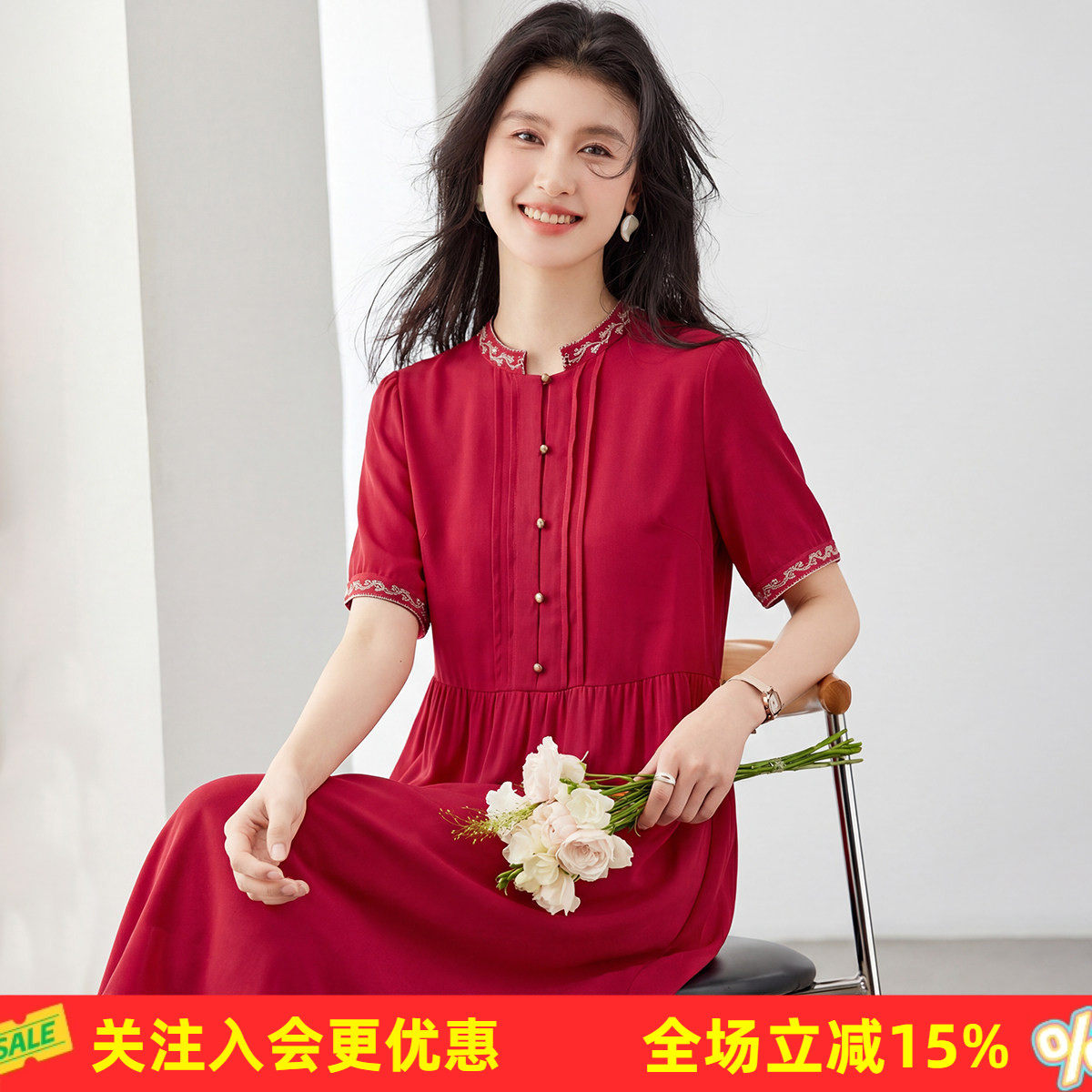 【桑蚕丝刺绣】纯色衬衫裙气质显瘦弹力双乔春夏新款女士连衣裙