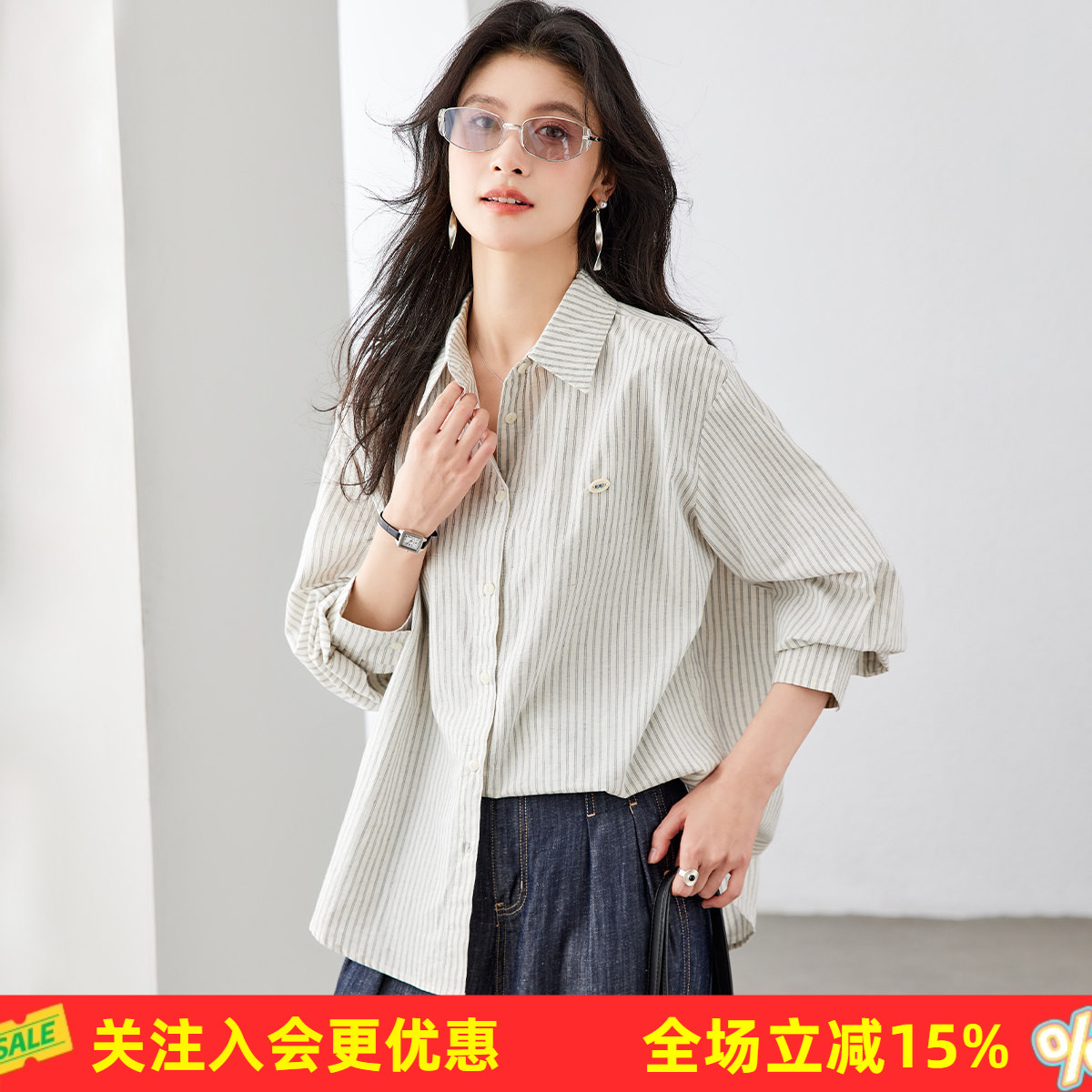 【含亚麻】翻领宽松大版遮阳外套文艺清新风春季新款气质女式衬衫