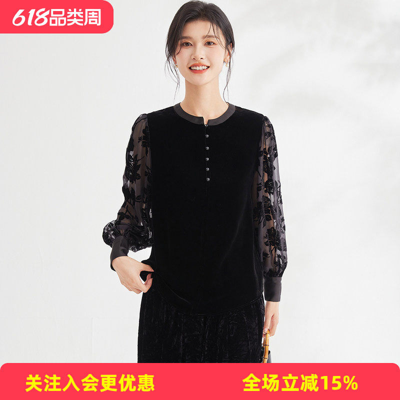 金菊【高级感丝绒套头上衣】春秋圆领领拼接玫瑰长袖纯色女式T恤