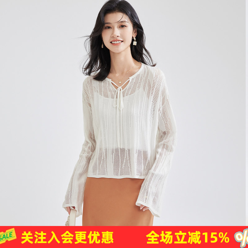 金菊空调衫小开衫【含桑蚕丝】小领口绑带针织镂空女式针织衫