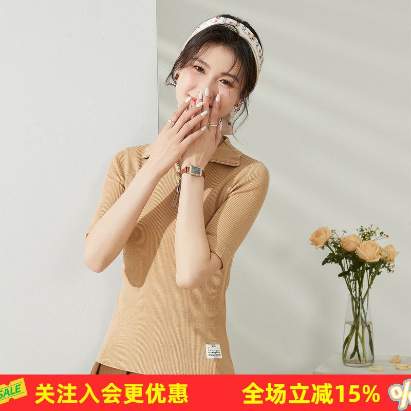 金菊美拉德春秋拉链立领两穿含羊毛上衣纯色五分袖百搭女式针织衫