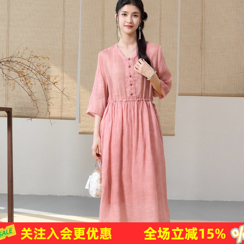 金菊【苎麻】2026年夏纽扣装饰宽松舒适女式连衣裙日常休闲