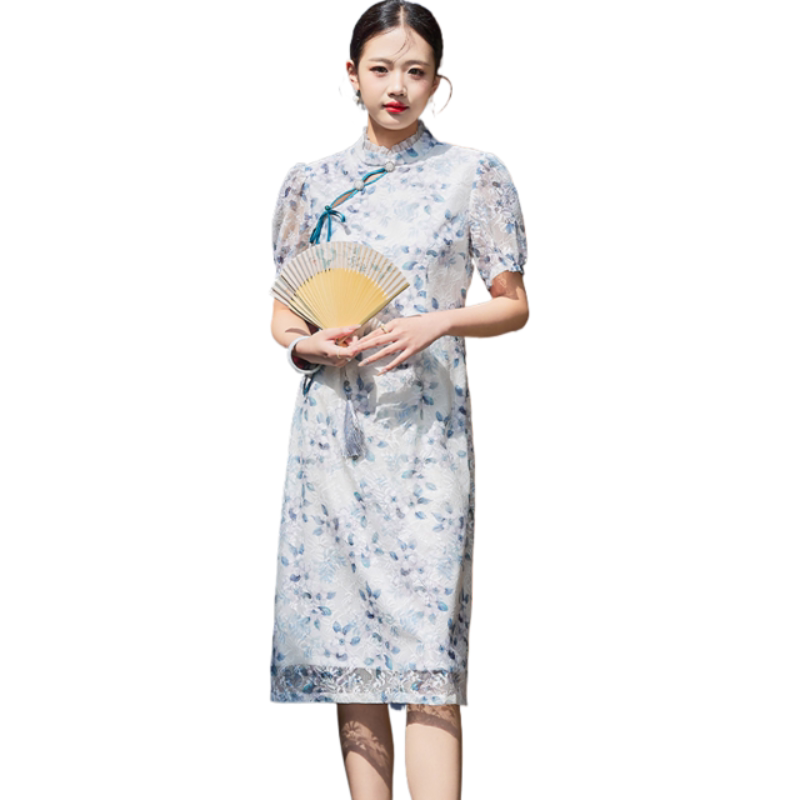 金菊春夏新款国风印花泡泡袖优雅百搭时尚新中式旗袍女式连衣裙