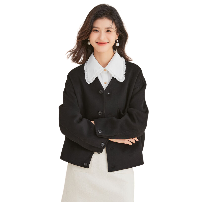 金菊简约口袋短款毛呢外套春秋新款V领纯色羊毛保暖通勤女式大衣