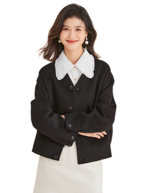 金菊简约口袋短款毛呢外套春秋新款V领纯色羊毛保暖通勤女式大衣