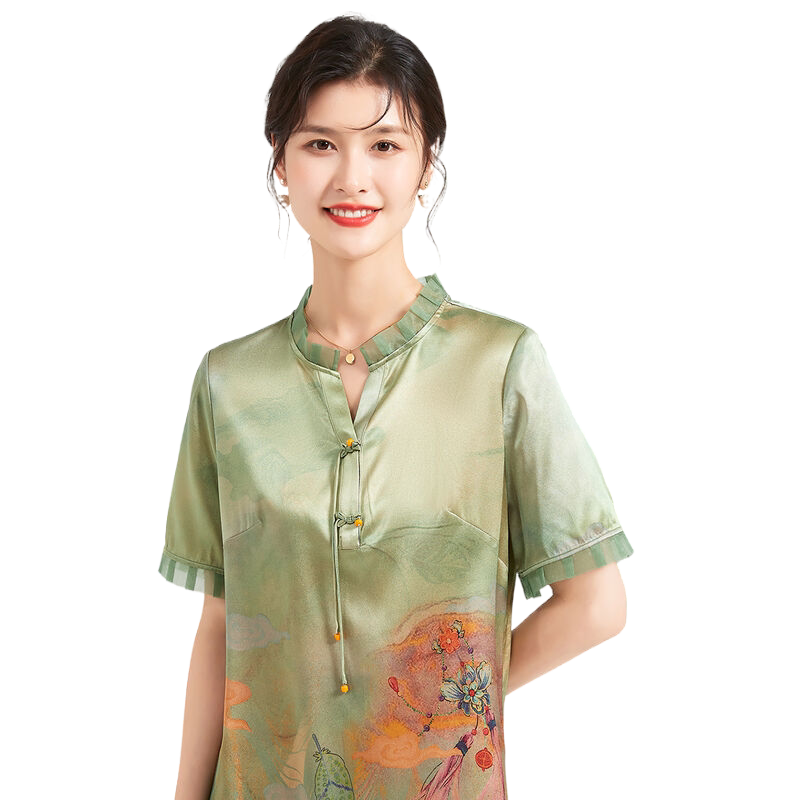 金菊国风系列桑蚕丝夏季新款木耳边立领印花流苏扣拼接女式连衣裙