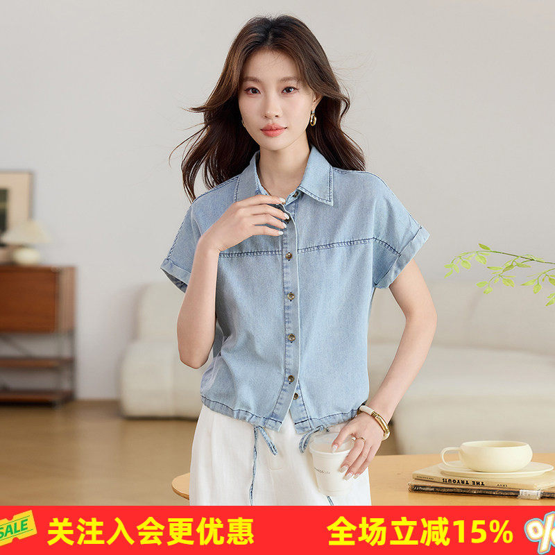 简约复古短款牛仔开衫透气面料小个子显高百搭防晒短袖女式衬衫