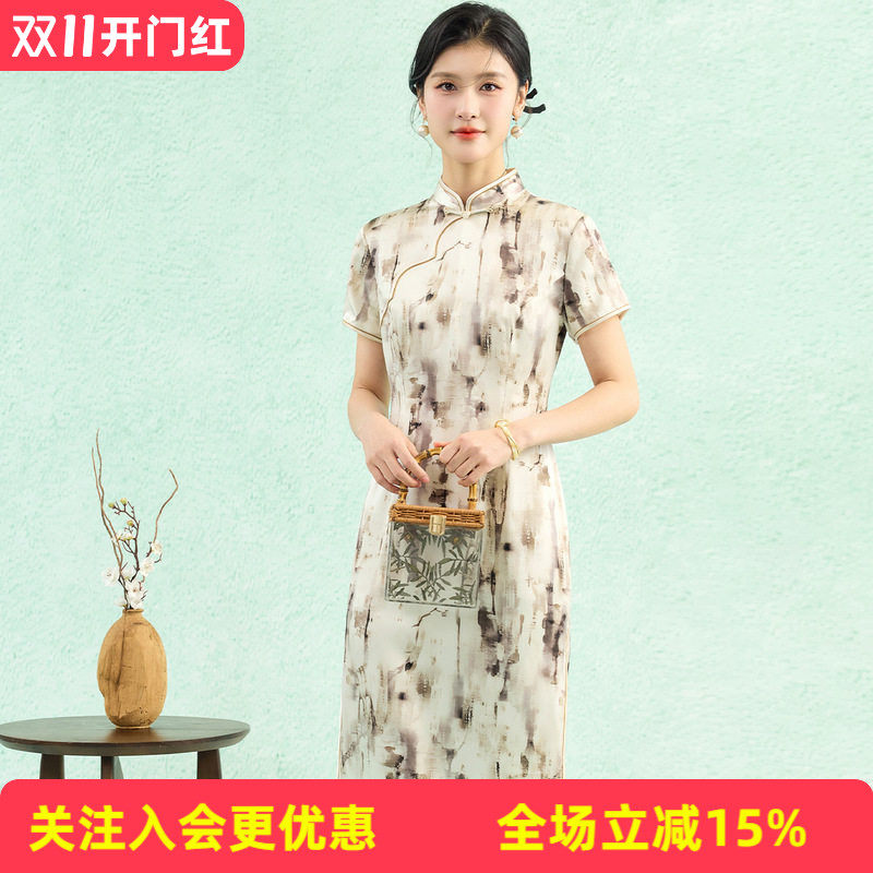旗开得胜19姆米桑蚕丝旗袍【抽象泼墨图案】端庄大气直筒连衣裙