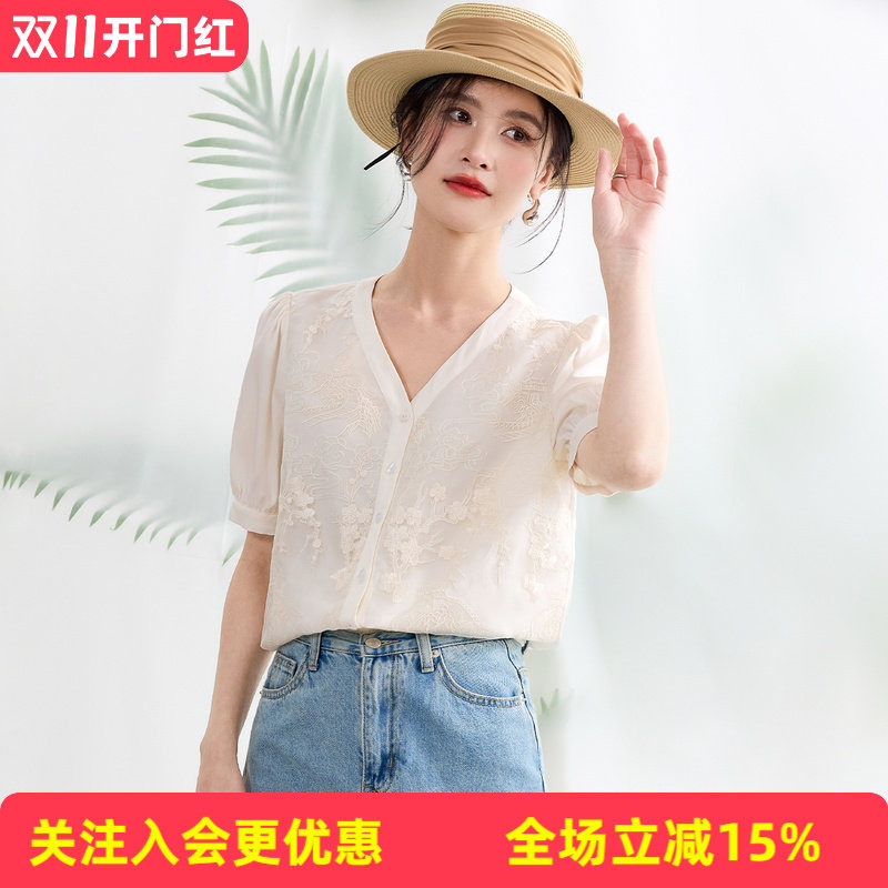金菊【桑蚕丝纯色上衣】2026年春夏新品V领前襟风景绣花衬衫