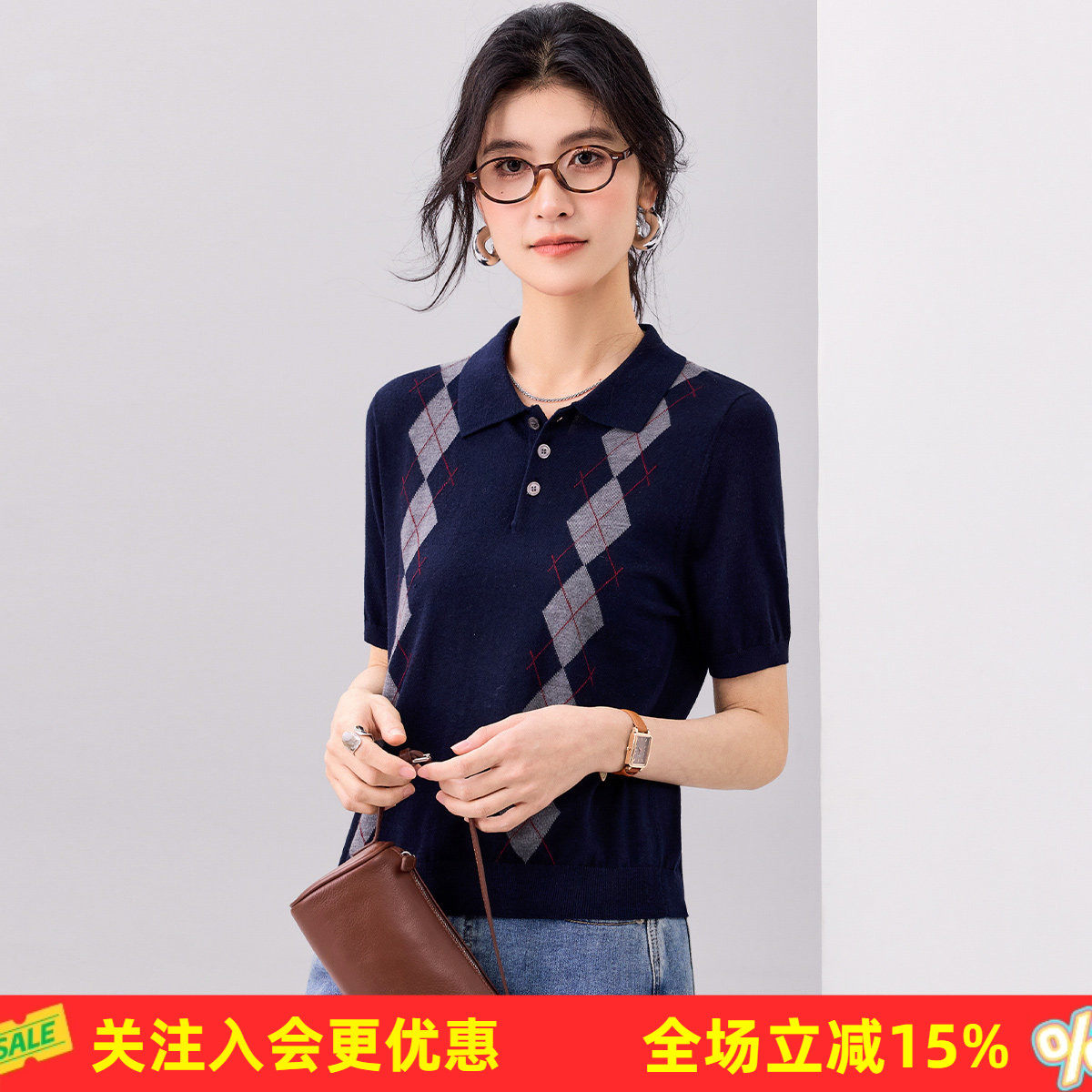 【含桑蚕丝】翻领学院风短袖菱格提花夏季新款半开襟女式针织衫