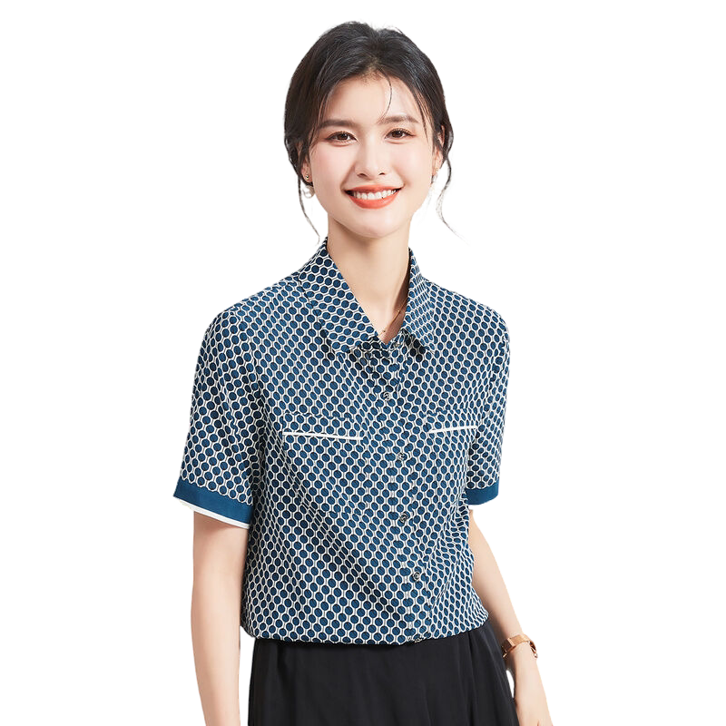 金菊桑蚕丝夏季新款翻领几何印花短袖上衣通勤百搭T恤女式衬衫