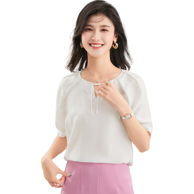金菊100%桑蚕丝电力纺五分袖春夏系带泡泡袖真丝女式T恤