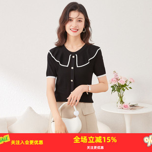 金菊含桑蚕丝圆领撞色荷叶边短袖针织上衣时尚夏季新款女式T恤