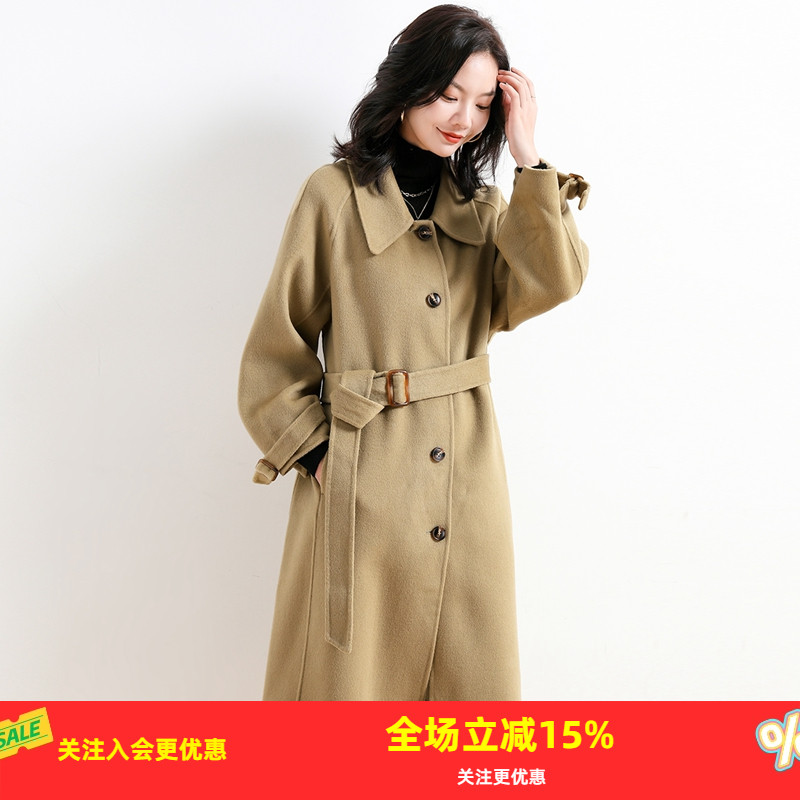 金菊秋冬双面呢纯色翻领绵羊毛100%中长款外套女式大衣