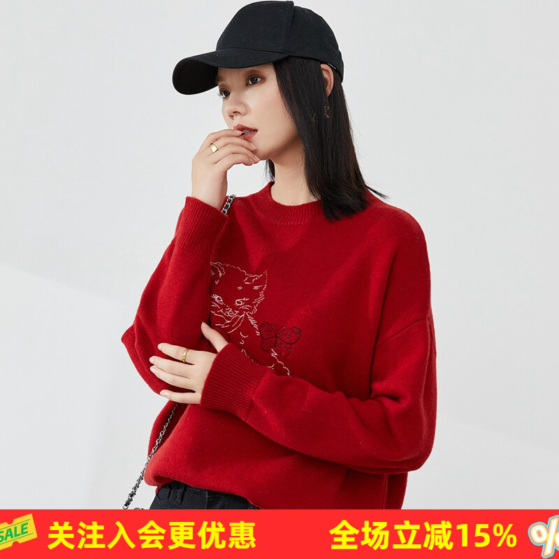 金菊卡通猫咪刺绣!圆领100%绵羊毛落肩袖春秋新款女式羊毛衫