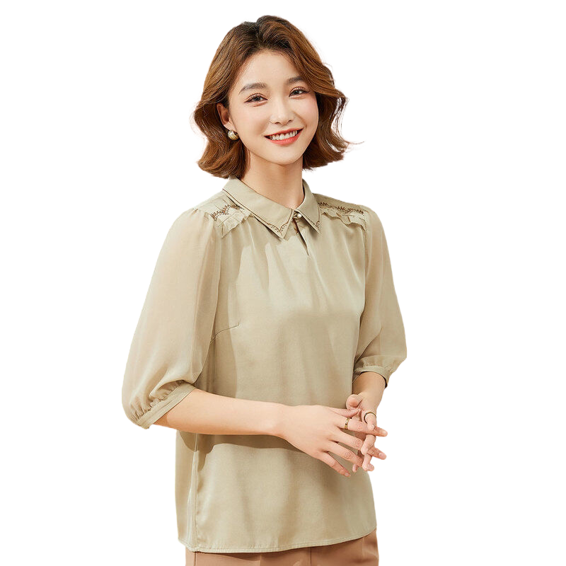 【重磅桑蚕丝】绣花设计翻领纯色泡泡袖春夏新款上衣微弹女式T恤