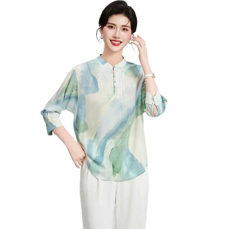 【桑蚕丝100%真丝】新中式夏季立领七分袖不规则晕染女式T恤