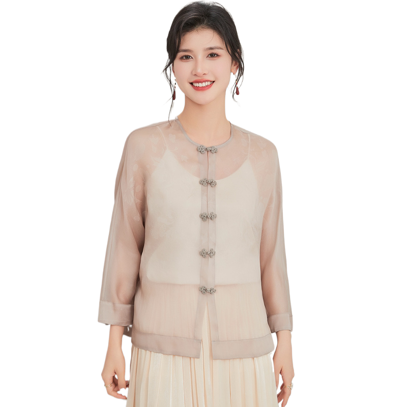 【100%真丝开衫】春夏圆领印花手工盘扣桑蚕丝上衣女式外套