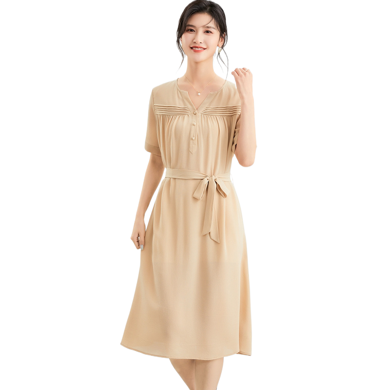 金菊100%真丝春夏新款V领纯色半开襟短袖桑蚕丝女式连衣裙